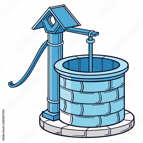 A vintage blue water well with a hand pump and a stone base isolated on a white background