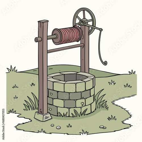 An old stone well with a wooden frame and a rope wound crank stands in a grassy field