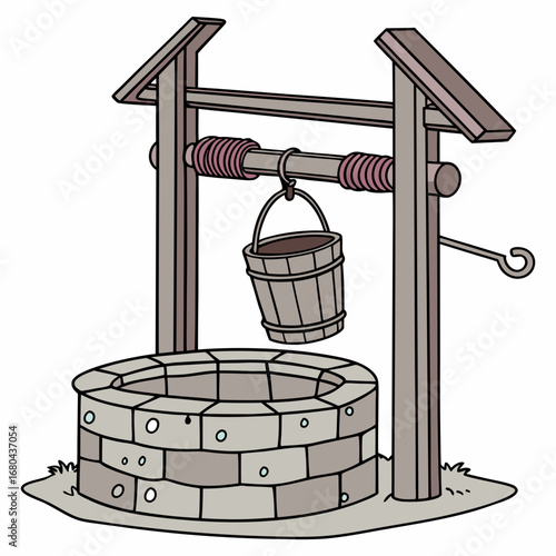 Cartoon drawing of a traditional stone water well with a wooden bucket hanging from a rope and pulley system