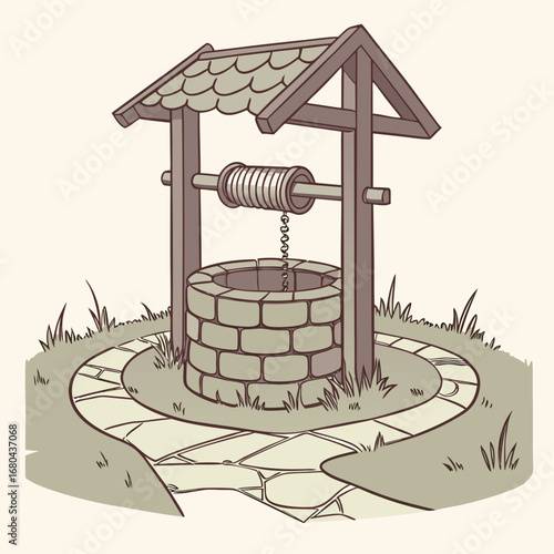 Charming cartoon illustration of a stone wishing well with a wooden roof and crank in a grassy garden setting