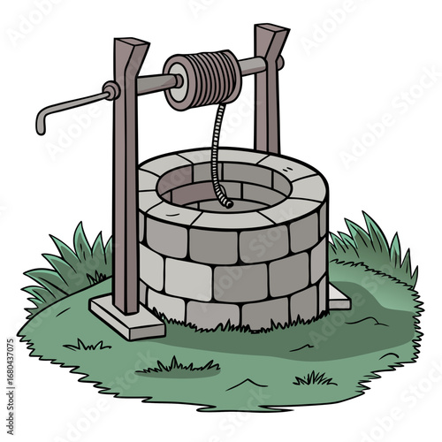 Cartoon illustration of a stone wishing well with a rope and crank on a grassy hill