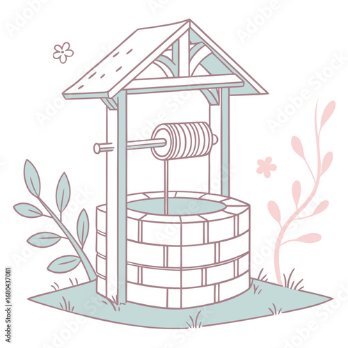 Charming illustration of a traditional wooden wishing well with a rope and crank surrounded by delicate flowers and foliage