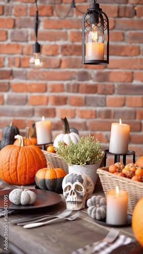 Halloween pumpkin skull candle autumn table setting with festive orange and gray decoration creates cozy and spooky atmosphere for seasonal celebration dinner party with rustic brick wall background