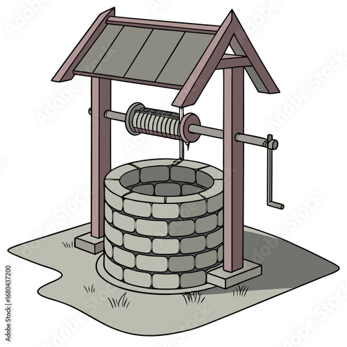 Illustration of a traditional stone wishing well with a wooden roof and crank mechanism for drawing water