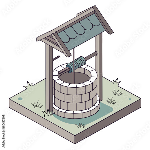 Isometric illustration of a traditional stone wishing well with a wooden roof and crank mechanism on a grassy patch