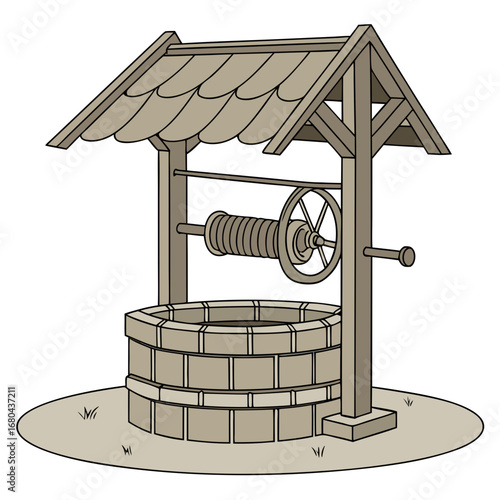 Illustration of a traditional wooden wishing well with a rope and bucket mechanism on a grassy patch