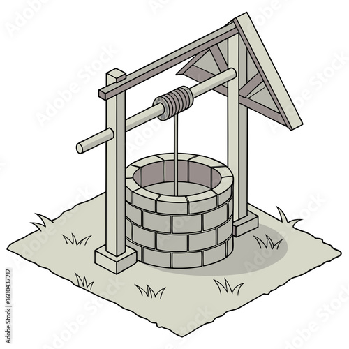 Isometric illustration of a traditional stone wishing well with a wooden roof and rope and pulley system