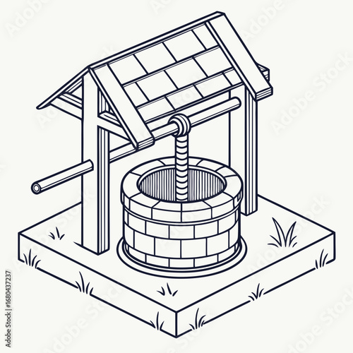 Isometric line art drawing of a traditional wooden wishing well with a stone base and a crank handle