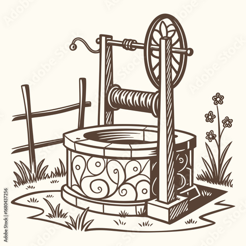 Rustic drawing of an old stone well with a wooden crank and rope in a grassy field with flowers and a fence