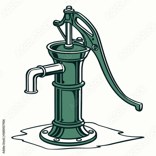 Vintage green hand operated water pump with a spout and lever isolated on white background