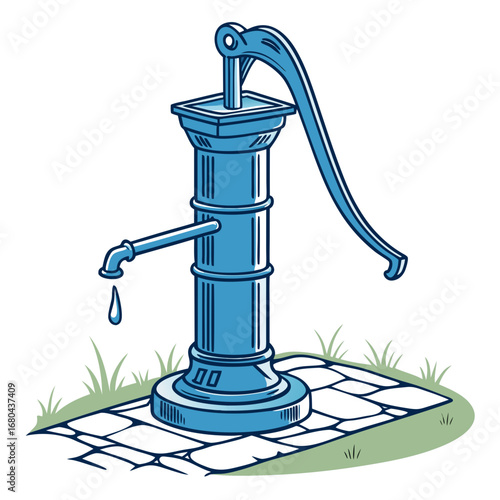 Vintage blue water pump with a dripping spout on a cobblestone path surrounded by grass