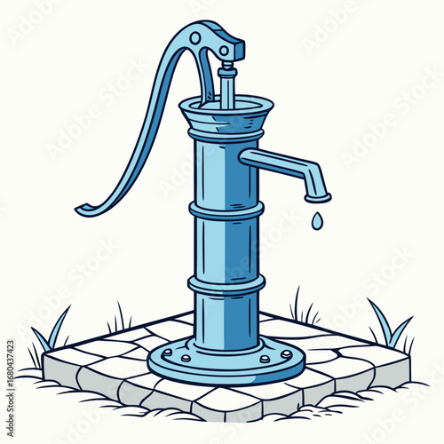 Vintage blue water pump with a drop of water falling from the spout set on a stone base with grass