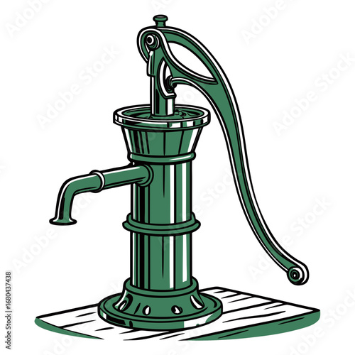 Vintage green hand operated water pump with a spout and lever on a wooden base