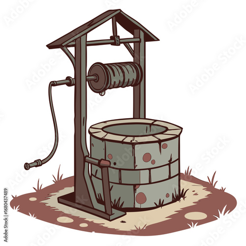 Vintage hand drawn illustration of an old stone well with a wooden roof and crank mechanism