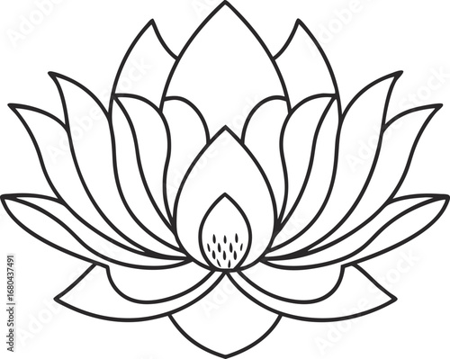 Detailed lotus flower, a symbol of inner peace and transformation, in a refined line art style, ideal for prints