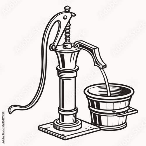 Vintage hand operated water pump drawing water into a wooden bucket on a white background