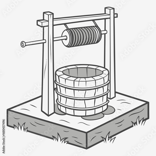 Vintage hand drawn illustration of a traditional wooden water well with a rope and bucket on a stone base