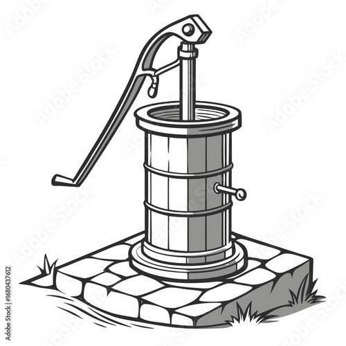 Vintage hand operated water pump with a lever mechanism on a stone base illustration