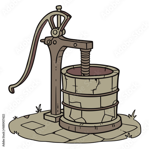 Vintage hand operated water pump with a wooden well on a stone base and grass elements