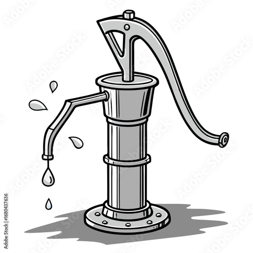Vintage hand operated water pump with dripping water and a shadow on a white background