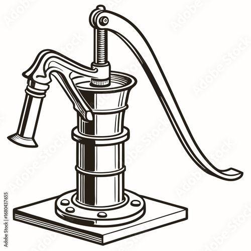 Vintage hand operated water pump with spout and lever isolated on white background in black and white