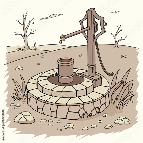 Vintage hand water pump with a stone well in a dry landscape with sparse vegetation