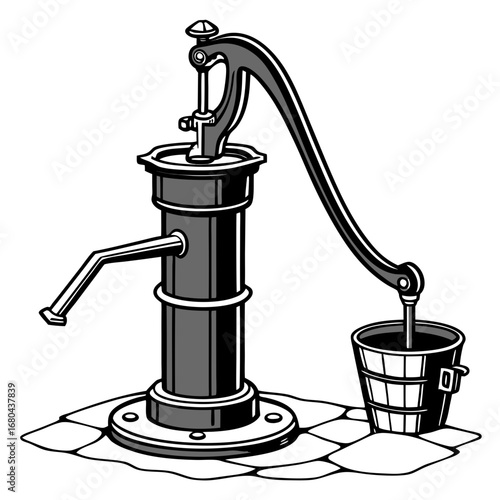 Vintage hand water pump with a wooden bucket on cobblestone ground illustration