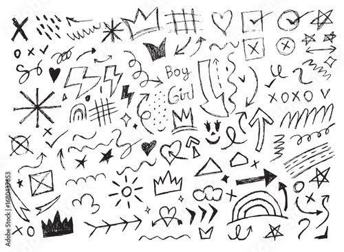 Hand-drawn doodle design elements, charcoal or pencil drawn arrows, circles, stars, hearts, sketch, highlighters, brushes, scribbles, chalk  elements, isolated on a white background