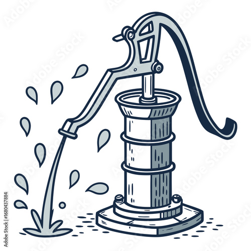 Vintage hand water pump with water splashing from the spout and falling drops