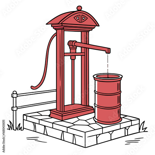 Vintage red water pump with a barrel collecting water drops on a stone base with a simple fence