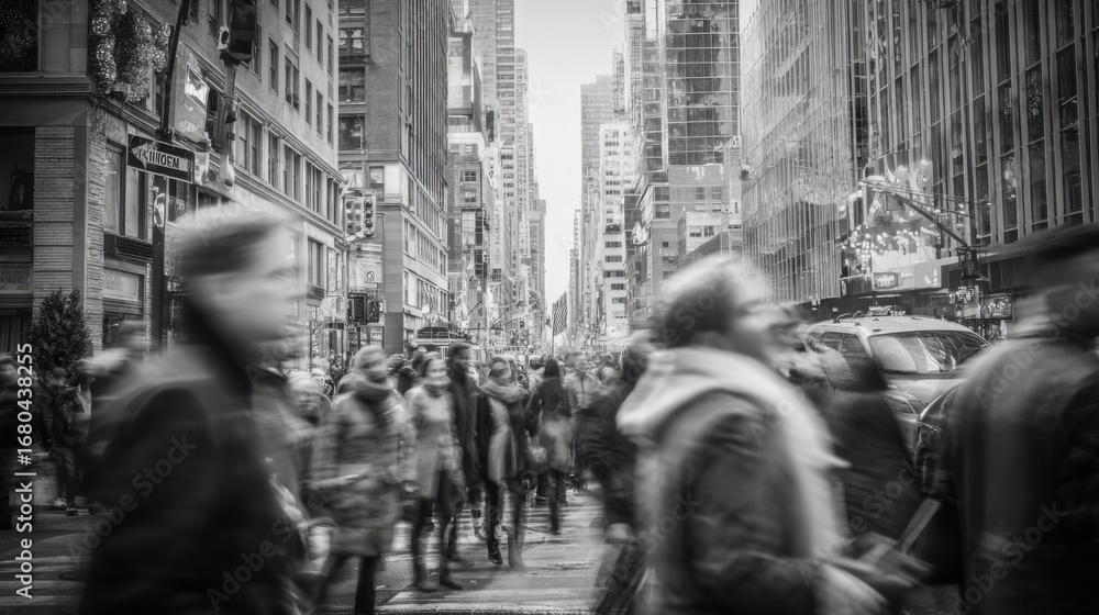 Obraz premium Crowds of people navigate a bustling street in Manhattan, New York, on a cloudy day. The energy of the city is palpable as individuals hurry about their daily routines