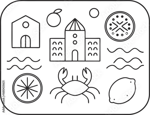 A charming stampinspired design featuring a building, crab, lemon, and other playful elements, , evoking a sense of coastal charm