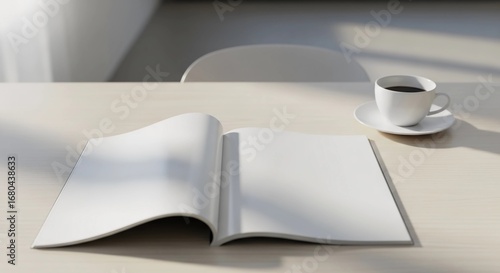 Open blank magazine mockup with coffee cup on light table and chair