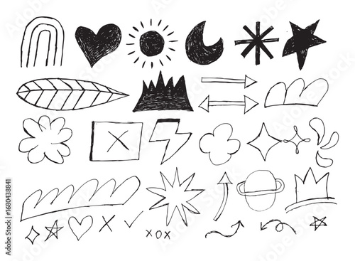 Hand-drawn doodle design elements, charcoal or pencil drawn arrows, circles, stars, hearts, sketch, highlighters, brushes, scribbles, chalk  elements, isolated on a white background