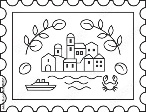 A picturesque mediterranean village illustration, framed as a postage stamp, featuring houses, a boat, a crab, and olive branches in line art