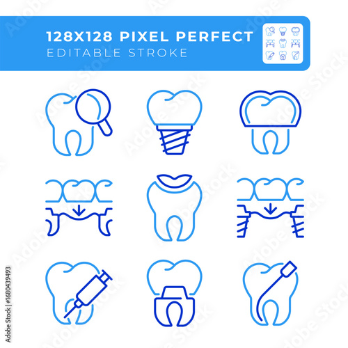 Teeth treatment pixel perfect two color line icons set. Dental bridge, examination. Medical service bicolor outline iconset isolated. Duotone pictograms thin linear. Editable stroke