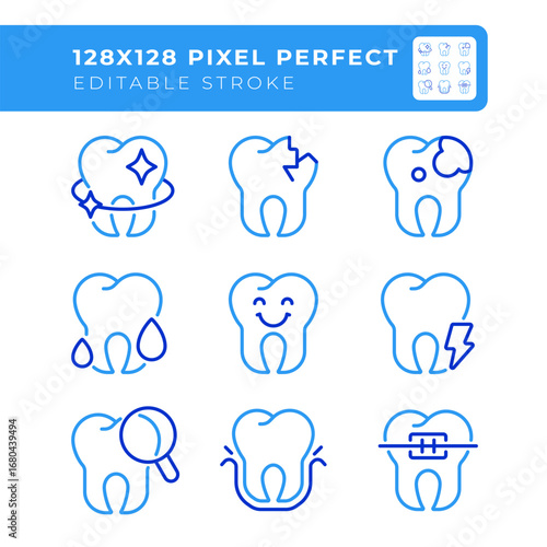 Dental service pixel perfect two color line icons set. Teeth treatment, healthcare. Cosmetic dentistry bicolor outline iconset isolated. Duotone pictograms thin linear. Editable stroke