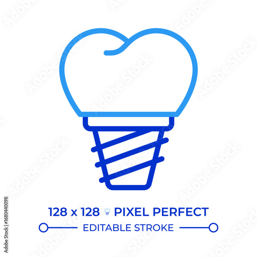 Dental implant pixel perfect two color line icon. Stomatological service, medicine. Professional dentistry bicolor outline symbol. Duotone linear pictogram. Isolated illustration. Editable stroke