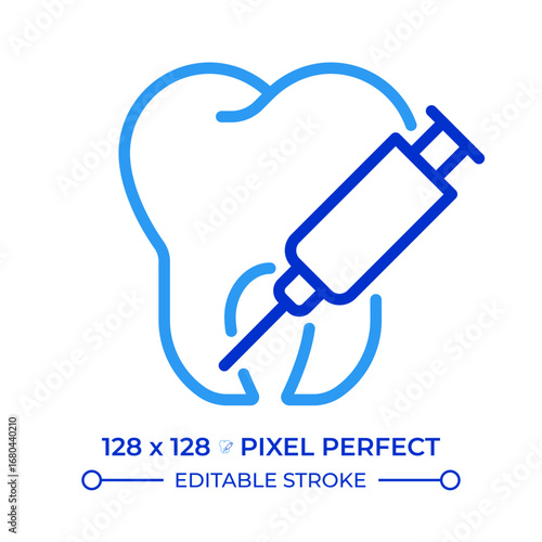 Dental surgery painkiller pixel perfect two color line icon. Syringe injection. Oral health. Tooth treatment bicolor outline symbol. Duotone linear pictogram. Isolated illustration. Editable stroke