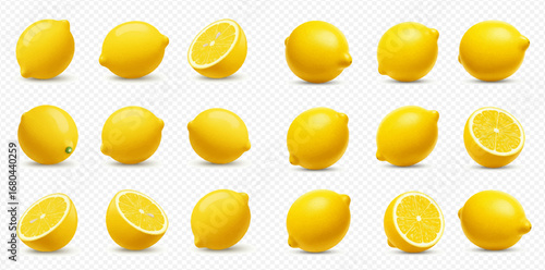A collection of fresh yellow lemons and sliced halves presented from various angles.