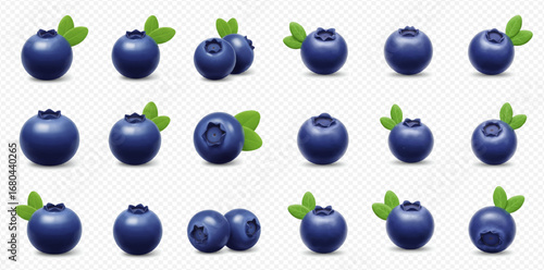 A detailed collection of fresh, ripe blueberries, some with green leaves, rendered with a glossy finish on a transparent background.