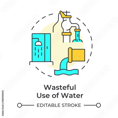 Wasteful use of water multi color concept icon. Careless consumption problem. Cause of freshwater scarcity. Round shape line illustration. Abstract idea. Graphic design. Easy to use in booklet