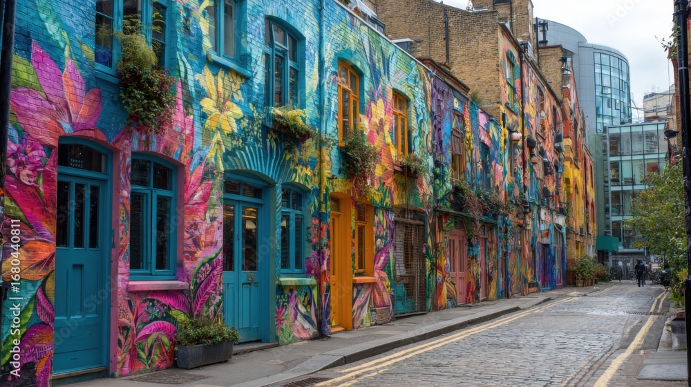 Fototapeta premium A lively street features buildings adorned with bright floral murals, showcasing urban artistry. People stroll along the cobblestone pathway under an overcast sky