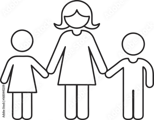 Illustration of a mother holding hands with her two children, symbolizing family, love, and togetherness