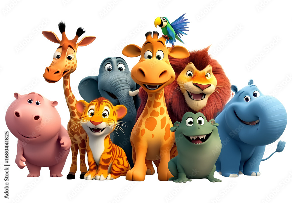 Naklejka premium a group of cartoon animals, including an elephant and giraffe, standing together on a transparent background
