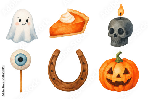 Happy halloween pumpkin ghost skull pie eyeball horseshoe