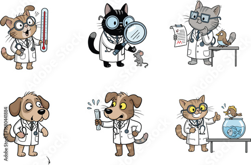 Cute cartoon cats and dogs as scientists and doctors conducting experiments and medical research in a fun educational vector illustration