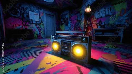 A vintage boombox sits on a neon-lit, graffiti-covered floor inside a colorful room.