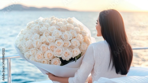 Fototapeta Naklejka Na Ścianę i Meble -  Elegant woman relaxing on yacht deck, holding large white rose bouquet during golden sunset, embodying luxury and romantic celebration
