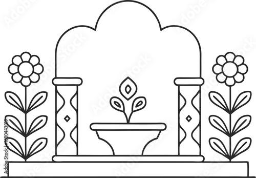 A minimalist line art illustration shows a decorative fountain with flowers, columns, and archway in a simple, elegant design